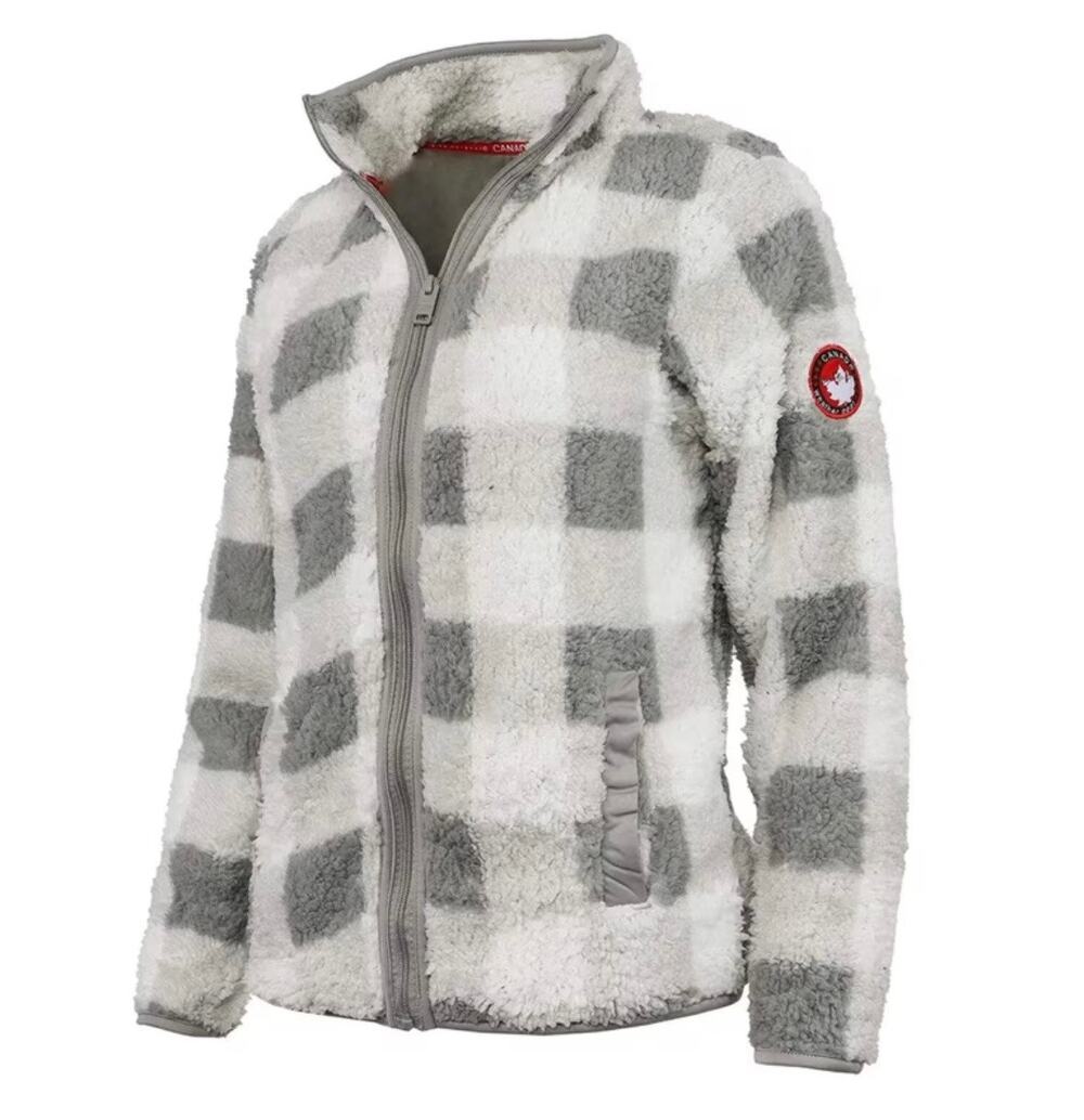 Canada Weather Gear Women's Full Zip Gray/White Checker Sherpa jacket Size L NWT